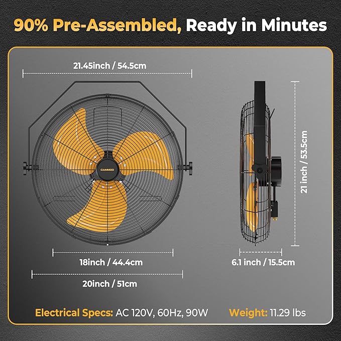 18 Inch Wall Mount Fan, Extended 6.6ft Power Cord, 360° Tilt Adjustment, 3-Speed, IP44 Industrial Commercial Wall Mounted Fan for Greenhouse, Garage, Workshop, Covered Patio, 1 Pack-PurrikoPets