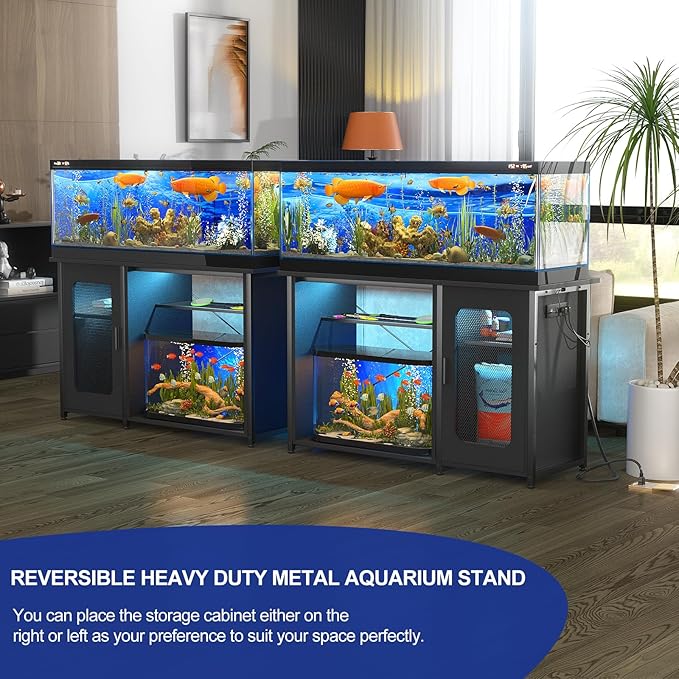 55-75 Gallon Fish Tank Stand with Power Outlets & LED Light, Reversible Heavy Duty Metal Aquarium Stand with Cabinet for Fish Tank Accessories Storage, Turtle/Reptile Terrariums, Black-PurrikoPets