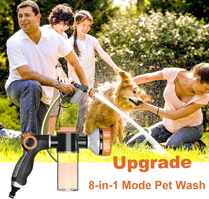 Dog Washing Hose Attachment, Pet Shower, Upgrade 8-in-1 Mode Dog Shower Attachment with 3.5oz 100cc Soap Dispenser, Replacement Hose Adapter for Pet Washing Irrigated Lawn Patio Car Cleaning-PurrikoPets