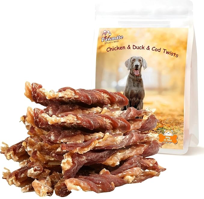 Dog Jerky Treats Triple Flavor Chicken Duck Wrapped Cod Twisted Sticks 5'', Rawhide Free Grain Free Dog Training Snacks Chews for Small Medium Large Dogs, 10.6 oz-PurrikoPets