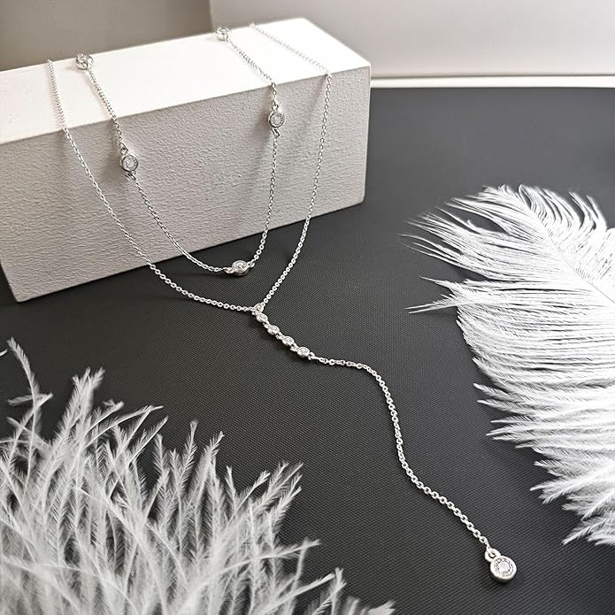 Lariat Silver/Gold Necklace for Women 925 Silver/14K Gold Plated Dainty Long Necklace Y-Shaped Drop Pendant Necklaces Choker Trendy Chain Simple Layered Necklaces CZ Jewelry for Women Set Gift