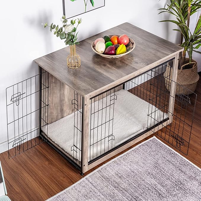DWANTON Dog Crate Furniture with Cushion, Wooden Kennel Table with Double Doors, Indoor Dog House, Large Size, 38.5" L, Greige-PurrikoPets