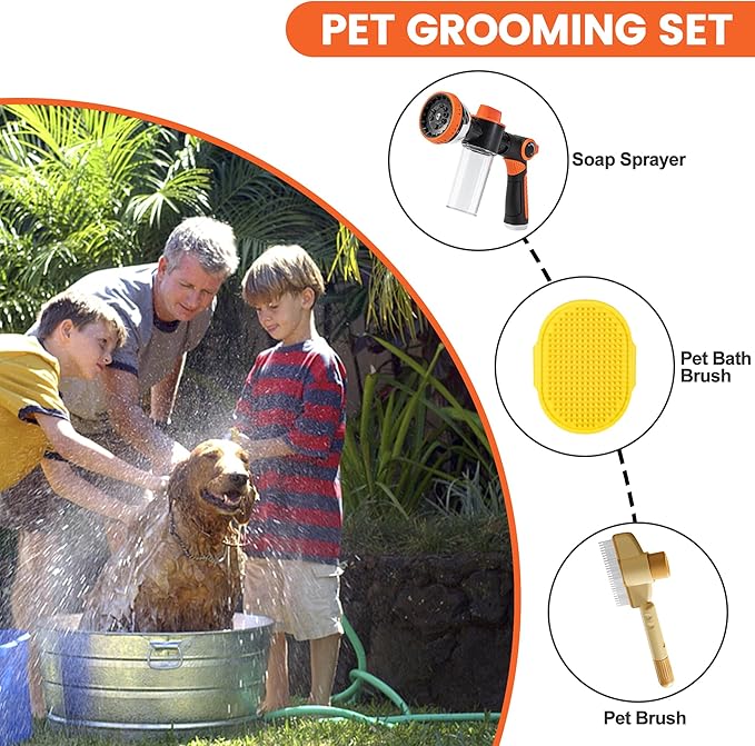 Dog Washing Hose Attachment, 10-in-1 Soap Sprayer Moden Garden Hose Nozzle with 100cc Soap Dispenser, Dog Wash Supplies with Dog Bath Brush & Pet Comb, Foam Gun Car Wash Sprayer (Orange)-PurrikoPets