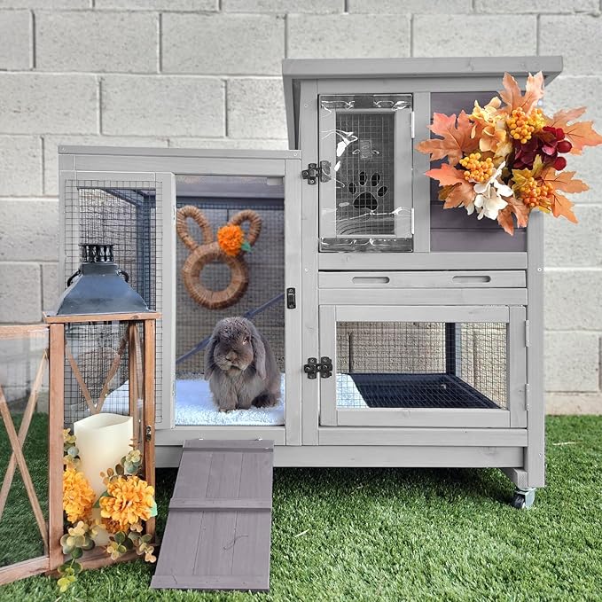 2-Story Rabbit Hutch Indoor Bunny Cage Outdoor Guinea Pig House with Wire Mesh Floor, Leak-Proof Trays, Lockable Wheels for Rabbits, Guinea Pigs, 40.6" L x 26" W x 37.6" H-PurrikoPets