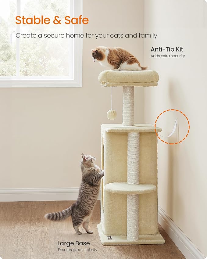 Feandrea Cat Tree Tower with 2 Caves for Multi-Cat Households, Kittens, Scratching Posts, Sand Beige UPCT005Y01-PurrikoPets