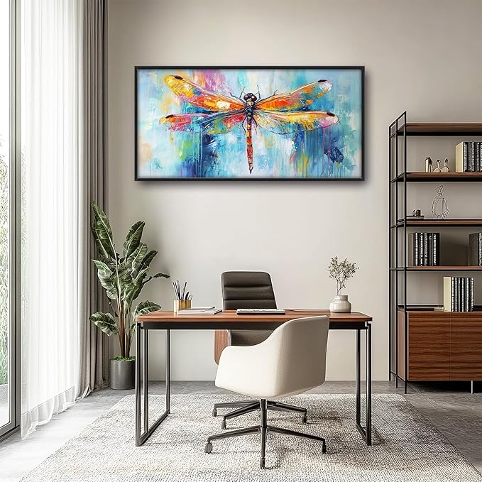 Extra Large Abstract Dragonfly Framed Wall Art for Living Room,Oversized Colorful Dragonfly Pictures Wall Decor,Teal Canvas Print Painting Modern Artwork Bedroom Office Bathroom 60L" x 30W"-PurrikoPets