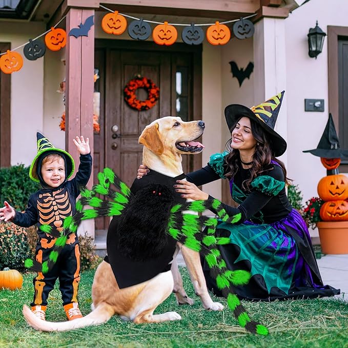 Dog Halloween Costume Large Breed, Furry Dog Spider Costume with 64 LED, Funny Halloween Dogs Costumes for Large Dogs Medium Pet Halloween Party Cosplay (Green)-PurrikoPets