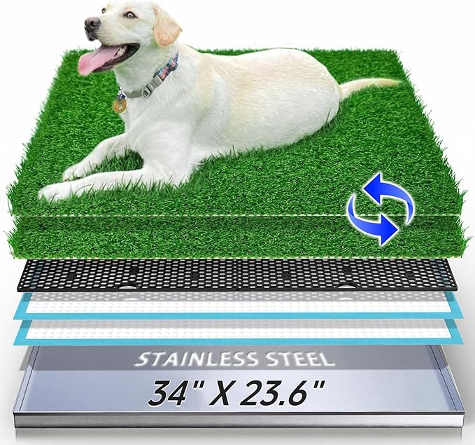 Dog Grass Pad with Tray, Reusable Large Artificial Turf Grass Potty and Puppy Pee Pads for Dogs, Portable Stainless Steel Dog Litter Box for Indoor/Outdoor Potty Training Toilet-PurrikoPets