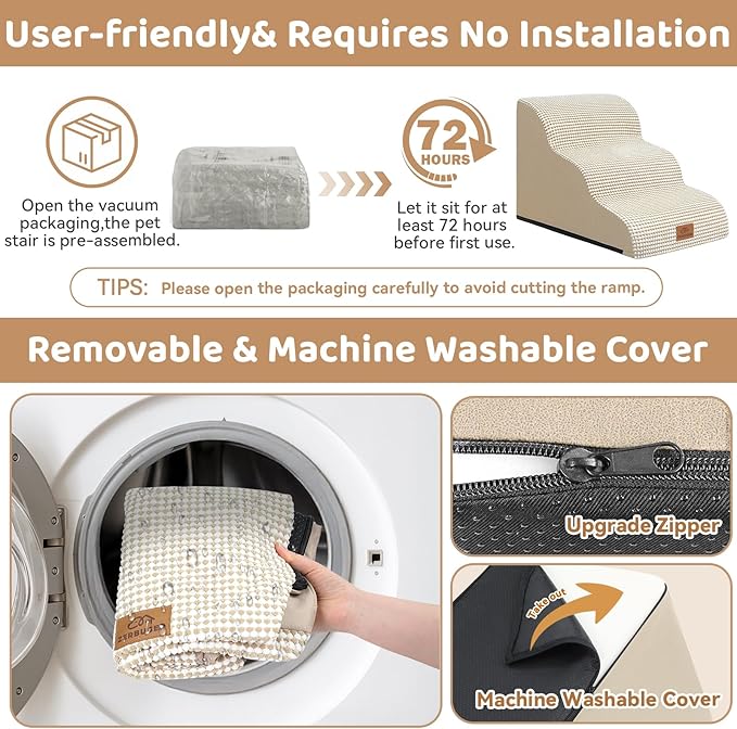 Dog Ramp and Stair for Bed 16" H-20 H,3-Step Cat Stair for Sofa and Chair,4-Step Dog Ramp for High Bed and Window,Durable Nonslip Fabric Cover for Indoor (Beige-16 H, Pet Friendly, 3)-PurrikoPets