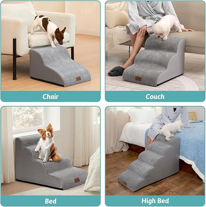 Dog Stairs for Small Dogs 19.7" H, Curved Dog Step for Puppy, Older or Cat, Medium Pet Ramp for Sofa, Couch or Bed, Ladder with High Density Foam, 15.7x28.3x19.7 inch, 4 Step, Grey-PurrikoPets
