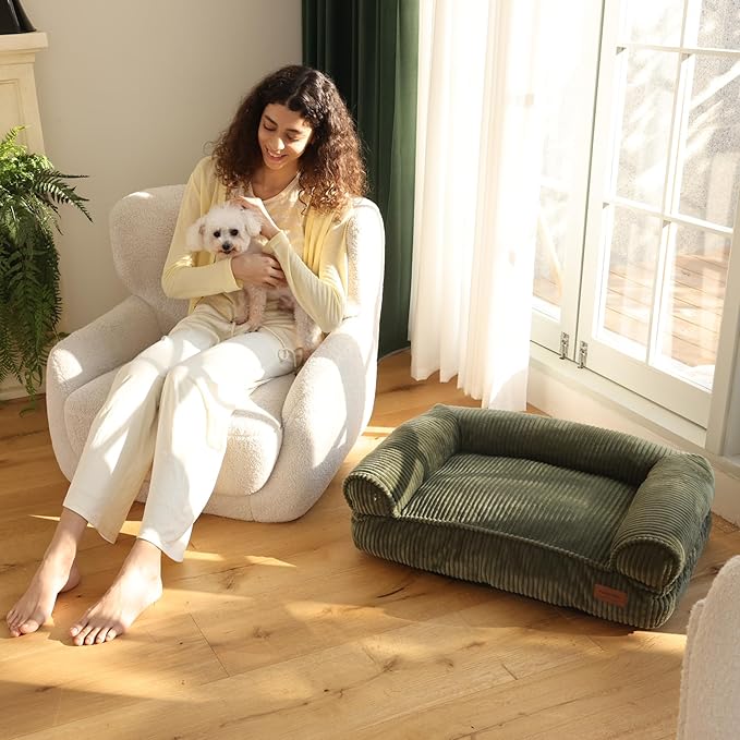 FUKUMARU Dog Couch Bed, Corduroy Cozy Cat Bed for Indoor Cats with Washable Cover, Supportive Waterproof Dog Beds Sofa for Small Dogs and Large Cats Cute, 28inch, Medium, Green-PurrikoPets