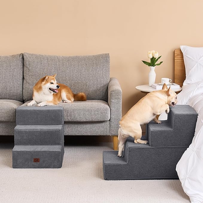 EHEYCIGA Dog Stairs for Bed 20" H, 4-Step Extra Wide Dog Steps for High Bed, Pet Steps for Small Dogs and Cats, Non-Slip Balanced Pet Ramp Indoor, Grey-PurrikoPets