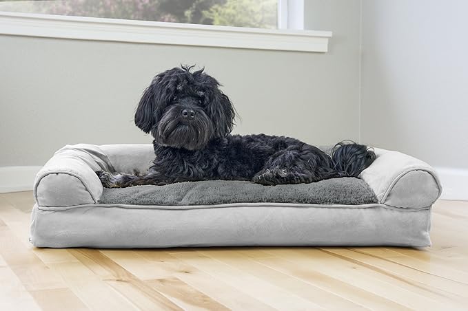 Furhaven Pillow Dog Bed for Medium/Small Dogs w/ Removable Bolsters & Washable Cover - Plush & Suede Sofa - Gray, Medium-PurrikoPets