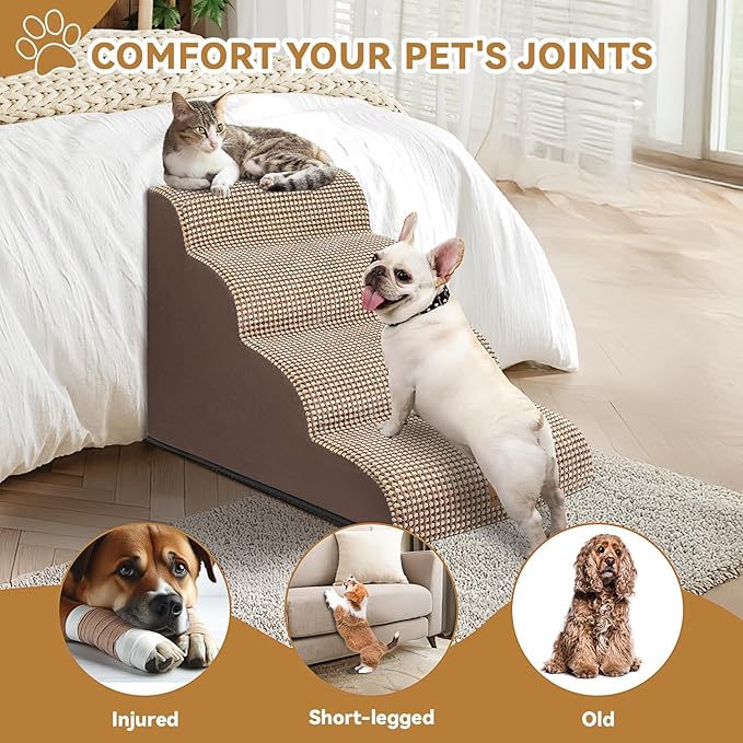 Dog Ramp and Stair for Bed 16" H-20 H,3-Step Cat Stair for Sofa and Chair,4-Step Dog Ramp for High Bed and Window,Durable Nonslip Fabric Cover for Indoor (Coffee-20 H, Pet Friendly, 4)-PurrikoPets