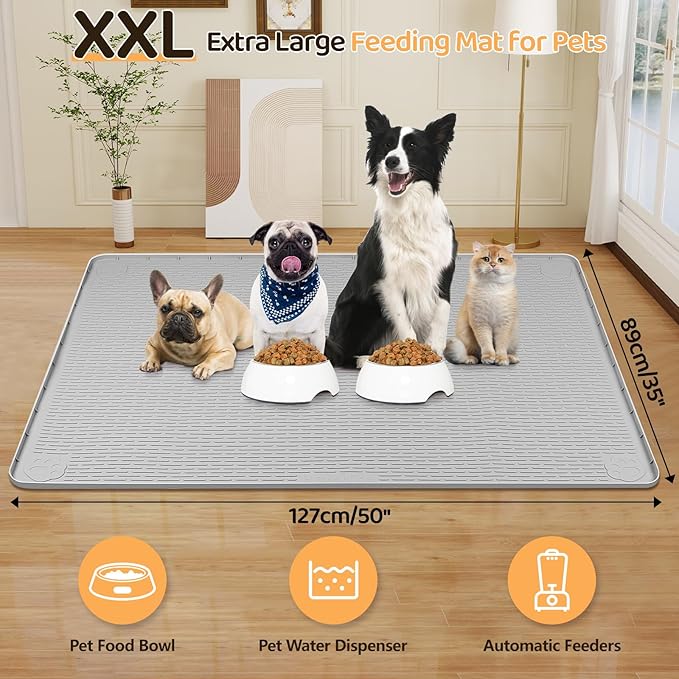 Dog Food Mat, Extra Large 50" x 35" Silicone Pet Feeding Mat with Raised Edge Pet Placemat for Small, Medium, and Large Pets Non-Slip, Easy to Clean (Grey)-PurrikoPets