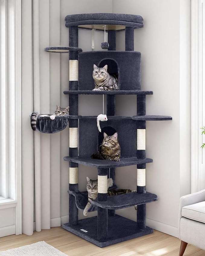 Globlazer Corner Cat Tree for Large Cats, 66inch Tall Curved Series Large Cat Tower for Multiple Indoor Cats with 6 Scratching Posts, 2 Spacious Cat Condos, Hammock, Hanging Basket, C66, Dark Grey-PurrikoPets