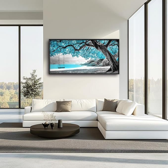 Extra Large Framed Abstract Tree Wall Art,Black and White Tree of Life Wall Decor,Blue Teal Sea Pictures for Living Room,Canvas Print Painting Modern Artwork Bedroom Office Bathroom 60L x 30W-PurrikoPets