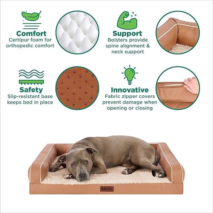 FurHaven Orthopedic Dog Sofa Bed – Memory Foam Couch with Bolsters, Textured Plush & Water-Resistant Cover, Washable Cover, Joint Support - Camel, Large-PurrikoPets
