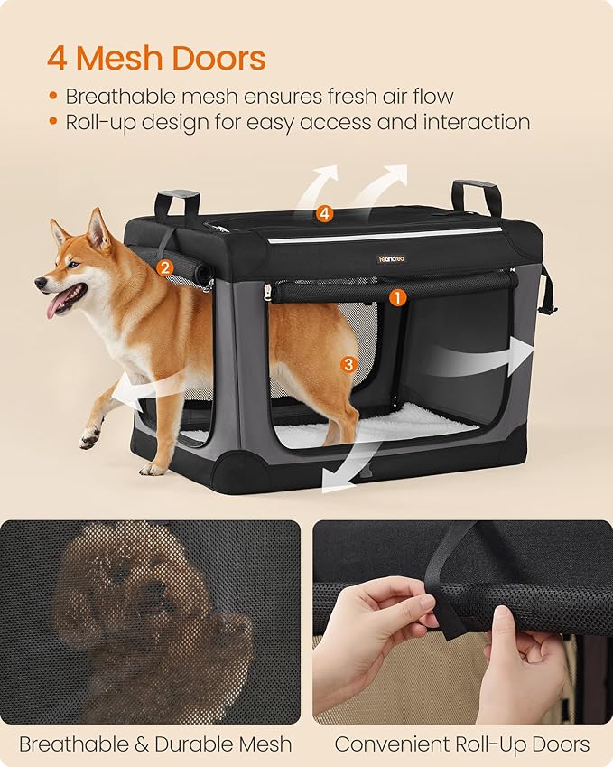 Feandrea Collapsible Dog Crate, 30-Inch Portable Dog Travel Crate for Medium Dogs, Oxford Fabric Pet Carrier with 4 Mesh Doors, Handles, Storage Pocket, Water Bottle Holder, Ink Black UPDC017B01-PurrikoPets
