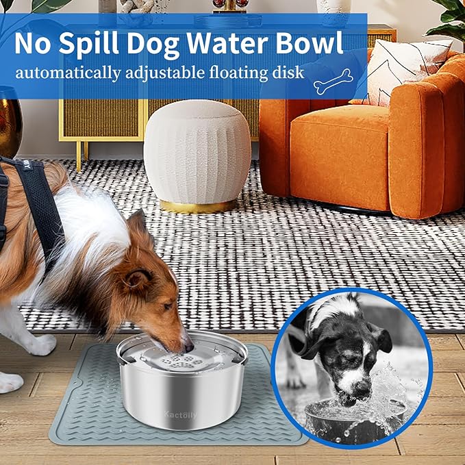 3L Large Capacity Stinless Steel Dog Water Bowl and Waterproof Silicone Dog Food Tray, Slow Down Drinking Pet Water Bowl-PurrikoPets
