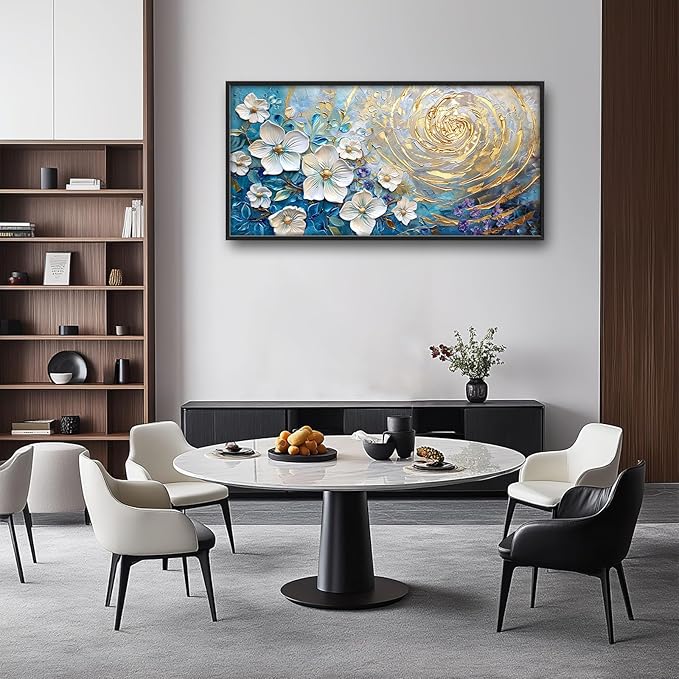 Flower Large Wall Art White Floral Pictures Abstract Golden Spiral Texture Wall Decor Canvas Print Painting Artwork for Bathroom Living Room Bedroom 60L" x 30W"-PurrikoPets