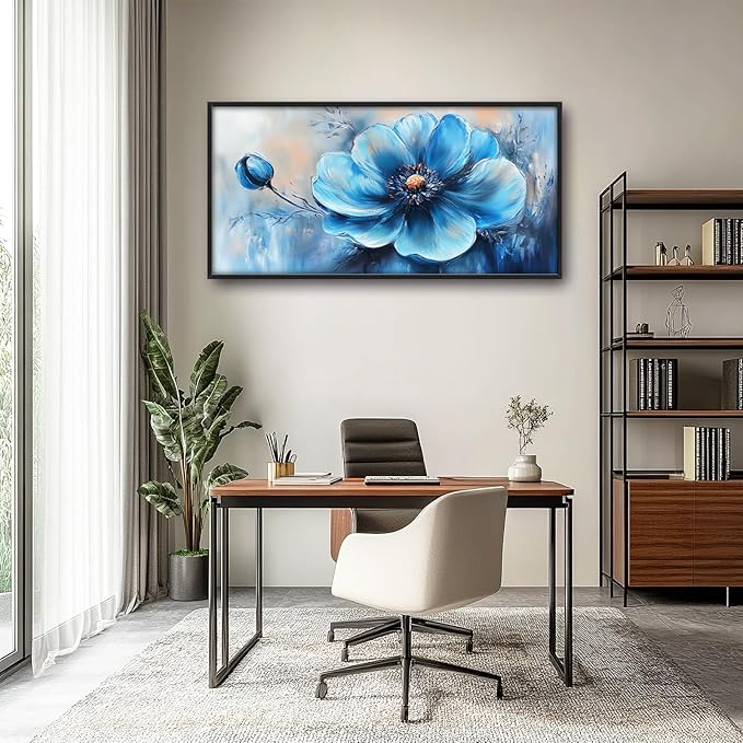 Extra Large Abstract Blue Flower Framed Wall Art for Living Room,Oversized Elegant Floral Pictures Wall Decor,Canvas Print Painting Modern Artwork Bedroom Office Bathroom 60L" x 30W"-PurrikoPets