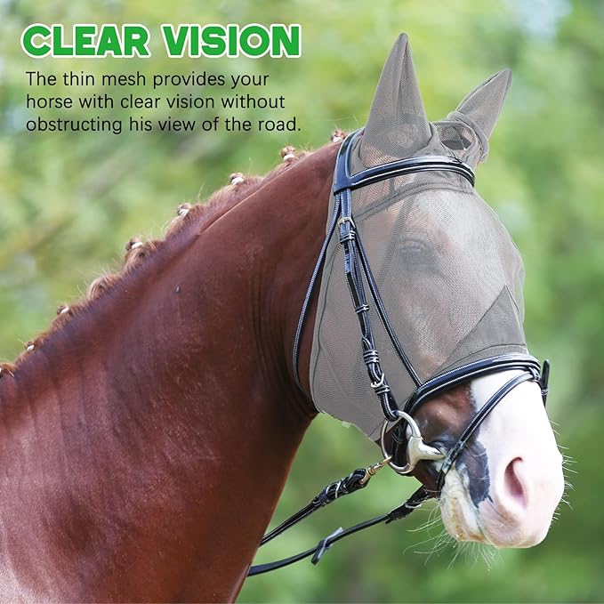 2 Pcs Horse Fly Mask with Ears Adjustable UV Protection Horse Fly Mask Accessories Large Eye Space with Ears for Horses Summer, Black and Gray, L-PurrikoPets