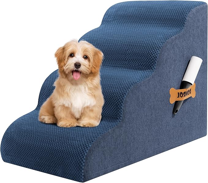 Dog Stairs, Romrol Dog Steps Ramp for High Bed and Couch, Dogs Ramp with Durable Non-Slip Waterproof Fabric Cover, Pet Stairs for Small Dogs and Cats or Pets Joints, 4-TiersDusty Blue-PurrikoPets
