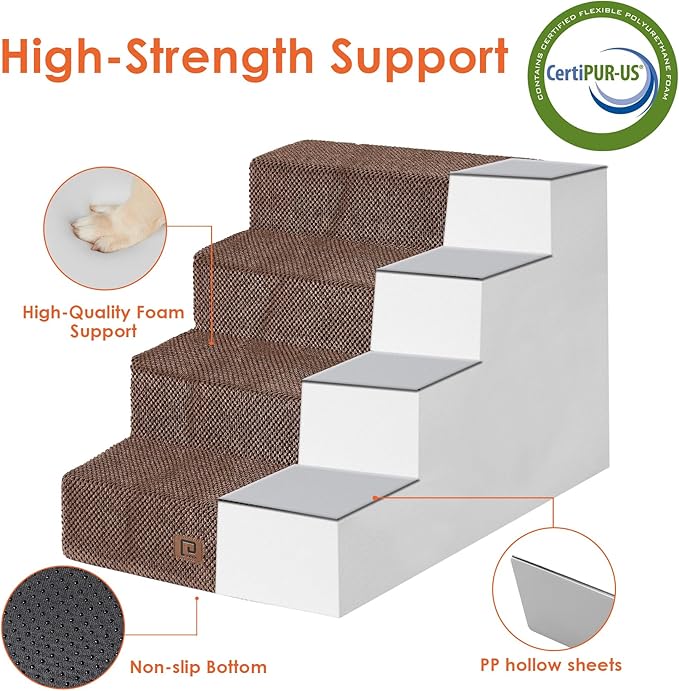 EHEYCIGA Dog Stairs for Bed 20" H, 4-Step Extra Wide Dog Steps for High Bed, Pet Steps for Small Dogs and Cats, Non-Slip Balanced Pet Ramp Indoor, Brown-PurrikoPets