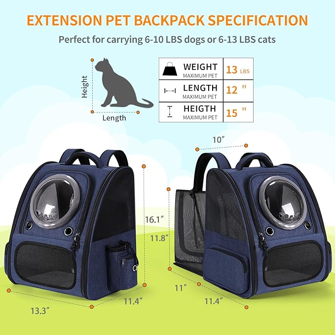 Extension Cat Carrier Backpack with Transparent Bubble Window,Dogs Backpack Carrier with Breathable Mesh Travel Bag, Portable Space Capsule Design with Foldable for Pets (Blue)-PurrikoPets