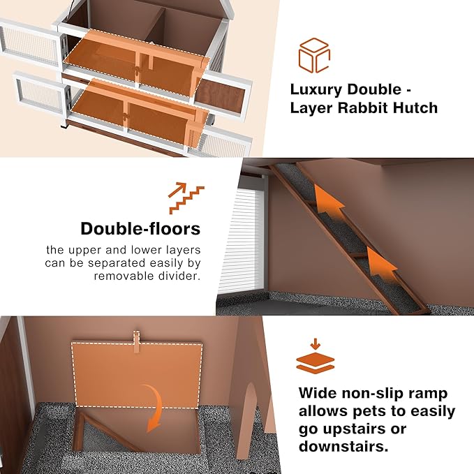 2 Story Rabbit Hutch, Indoor Outdoor Bunny Hutch Solid Wood Rabbit Cage with Removable Trays, Waterproof Asphalt Roofs and Ventilation Door, Small Animal House for Rabbit Guinea Pig Ferret, Walnut-PurrikoPets