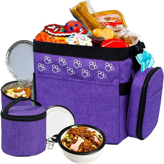 Dog Travel Bag with Treat Pouch, Airline Approved Dog Bags for Traveling, 2 Dog Food Travel Container, 2 Travel Bowls, Weekend Dog Travel Bag for Supplies, Dog Travel Kit Accessories-PurrikoPets
