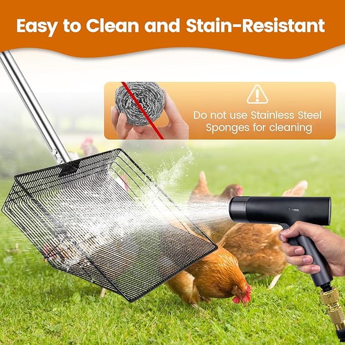 15 inch Extra Large Chicken Poop Scooper with Ergonomic Grip,5-in-1 Heavy Duty Adjustable Coop Scoop for Poop (24 to 68"), Stainless Steel Sifting Litter Shovel Scoop for Chicken Coop-PurrikoPets