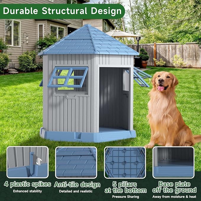 DRATO Dog House Indoor Outdoor Durable Large Dog Shelter with Outside Dog Kennel with Window and Elevated Floor for Small Medium Dogs (Blue, by)-PurrikoPets