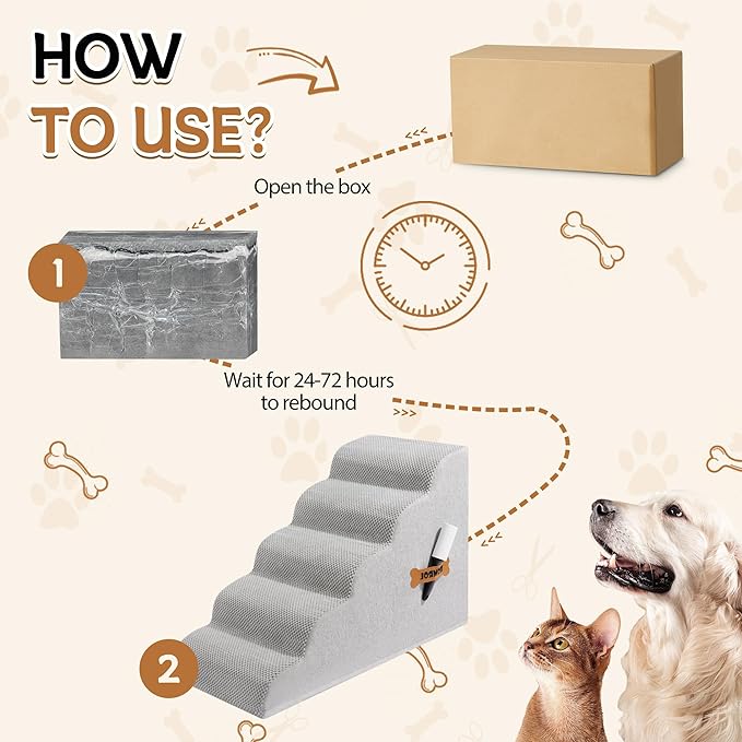 Dog Stairs, Romrol Dog Steps Ramp for High Bed and Couch, Dogs Ramp with Durable Non-Slip Waterproof Fabric Cover, Pet Stairs for Small Dogs and Cats or Pets Joints, 4-TiersLight Grey-PurrikoPets
