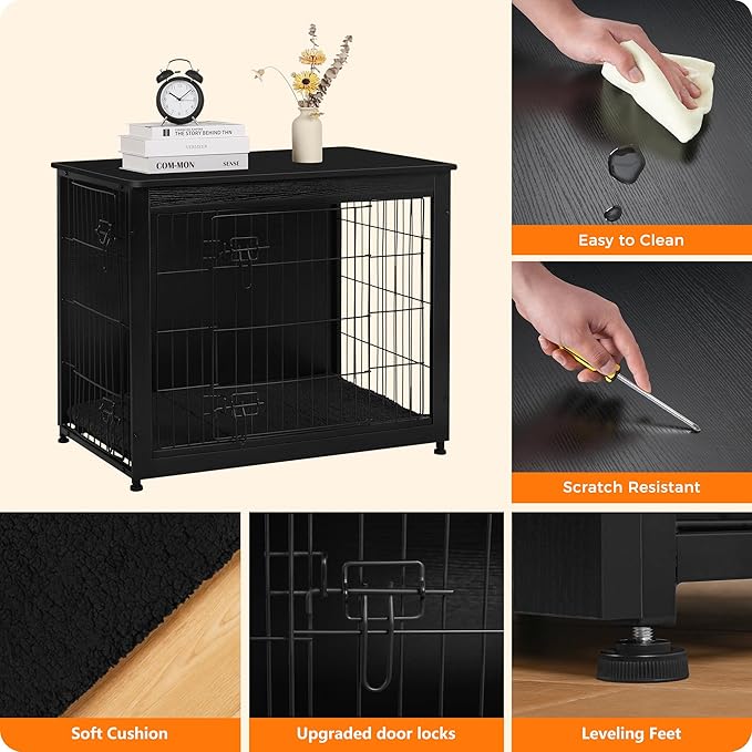 DWANTON Dog Crate Furniture with Cushion, Wooden Kennel Table with Double Doors, Indoor Dog House, Medium Size, 32.5" L, Black-PurrikoPets