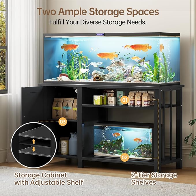 55-75 Gallon Fish Tank Stand with Power Outlet & Adjustable Shelf, Heavy Duty Aquarium Stand with Cabinet Storage for Fish Tank, Turtle Tank, Reptile Terrarium, 1000LBS Capacity, Black-PurrikoPets
