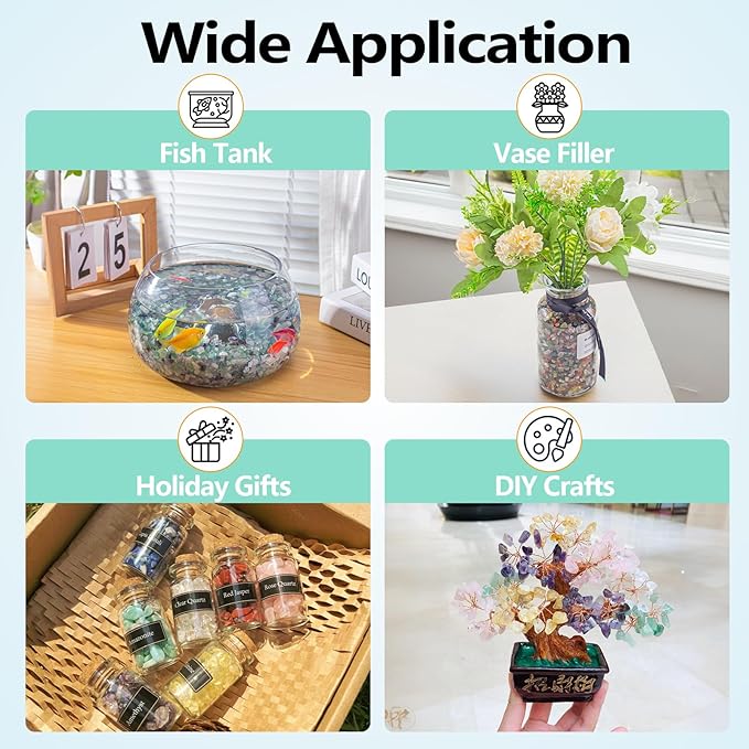 3 Lb Crystal Chips Bulk Tumbled Crushed Quartz Stones, 7 Chakra Crystal Quartz Rocks Healing Stones Pebbles for Vases Filler, Aquarium Gravel Rocks, Succulent Plants Decor-PurrikoPets