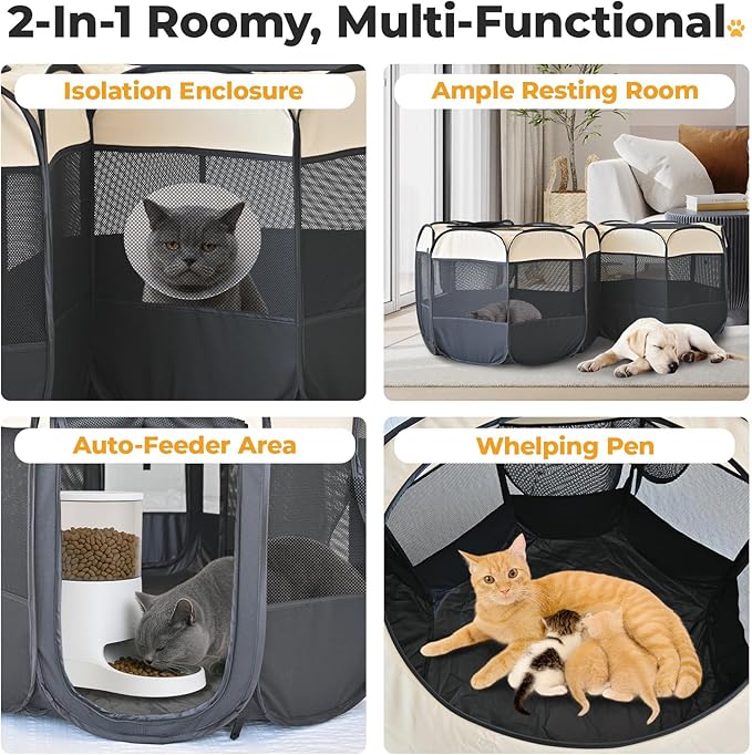 EighteenTek 2-in-1 Pop Up Cat Playpen, Assembly-Free Dog Puppy Pet Playpen, Indoor Outdoor Cats Enclosed, Cat Tent House Crate Cage, Portable & Foldable Playpen for Kittens(No Divider, Unified Space)-PurrikoPets