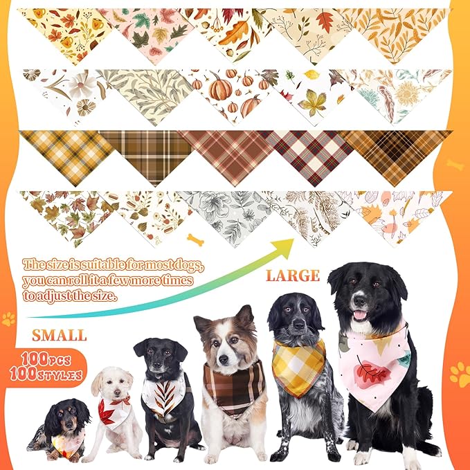 100 Pcs Fall Dog Bandanas Bulk Pet Bibs Colorful Triangle Scarf Autumn Pet Bandanas for Medium Large Dogs Fall Autumn Harvest Festival Costume Decor-PurrikoPets