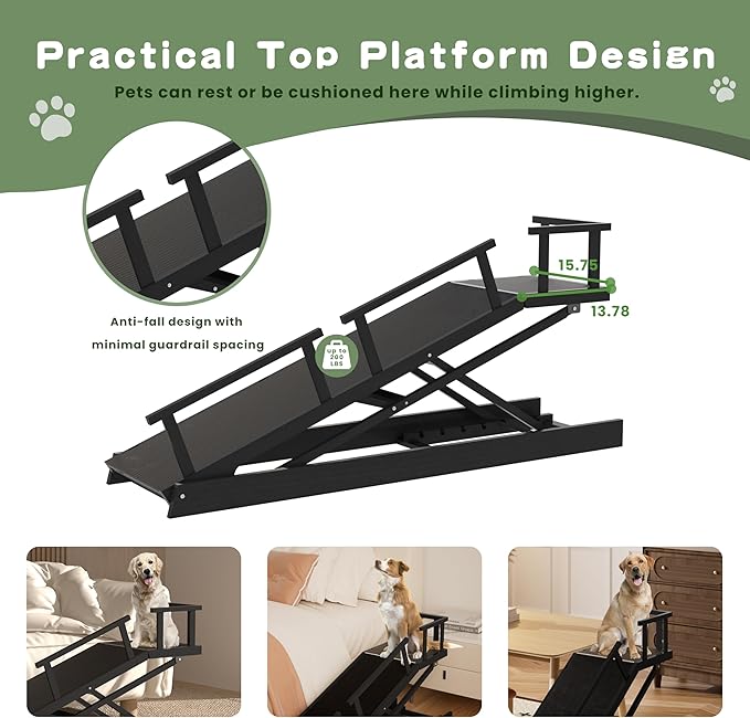6 Level Height Adjustable Dog Ramp for Bed, Couch 65" Foldable Pet Ramp with Non-Slip Mat，DIY Glow Strips & Rest Platform Heavy Duty Dog Stairs for Large Dogs up to 200Lbs ，Black-PurrikoPets
