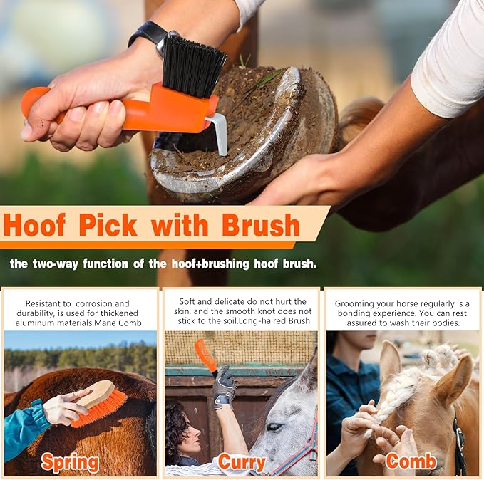 Abbylike 12 Pieces Horse Grooming Kit Racing Festival Tack Room Supplies Horse Brush Sets Equine Care Cleaning Kit Shedding Grooming Massaging Tools(Orange)-PurrikoPets