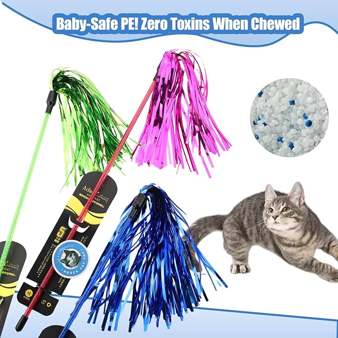 ADUCK Interactive Cat Teaser Wand Toy with Tassels - Durable Cat Chaser for Indoor Kitten Exercise, Boredom Relief & Training Play, Pack of 3 (Gold, Blue, Pink)-PurrikoPets
