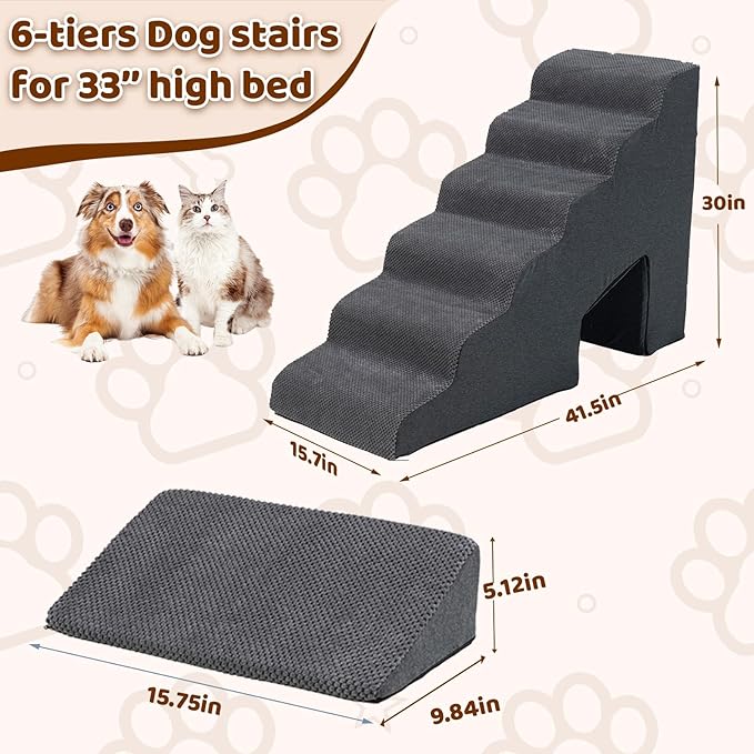 Dog Stairs & Steps Ramps for High Beds 30 inches High Tall, LitaiL 6 Step Pet Stairs Steps for Small Large Dogs, Non-Slip Dog Ramps with 3 Pack Ramps for Staircase-PurrikoPets