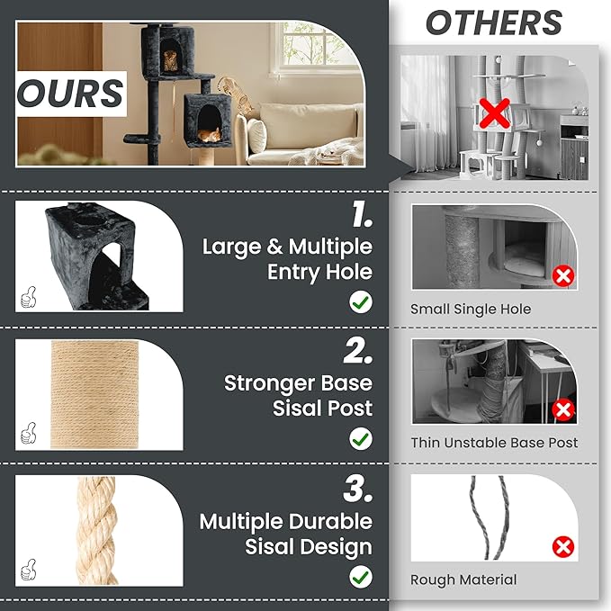 59in Large Cat Tree Tower for Indoor Cats with Soft Plush Hang Ball, Two Condos, Sisal Scratch Posts & Rope Play for Kittens/Adult Cats, New Dark Grey-PurrikoPets