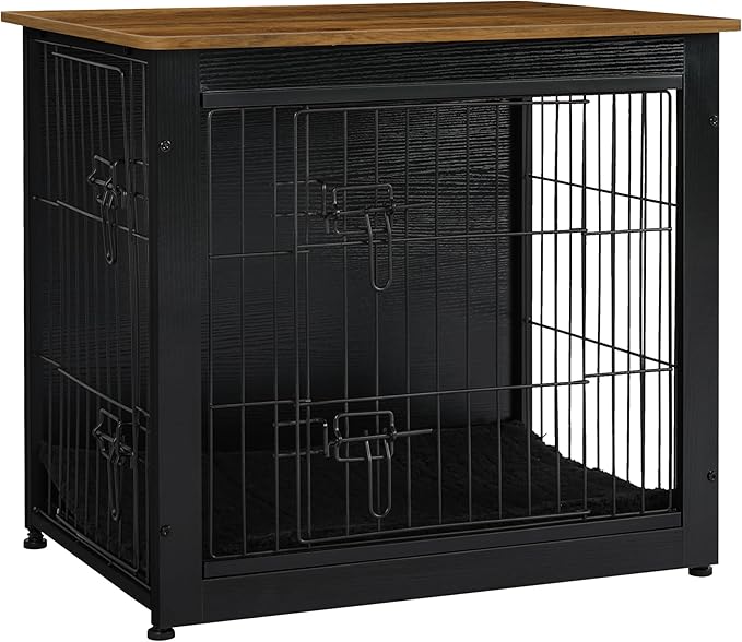 DWANTON Dog Crate Furniture with Cushion, Wooden Kennel Table with Double Doors, Indoor Dog House, Small/Medium/Large Size, 27.2" L, Black+Warm Brown-PurrikoPets