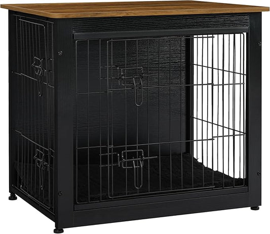 DWANTON Dog Crate Furniture with Cushion, Wooden Kennel Table with Double Doors, Indoor Dog House, Small/Medium/Large Size, 27.2" L, Black+Warm Brown-PurrikoPets