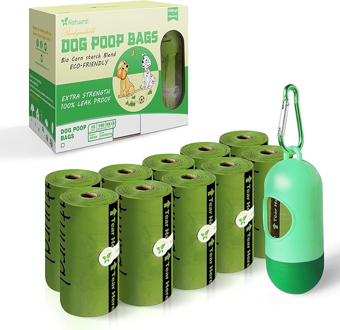 Dog Poop Bags-150 Counts with Holder (10 Rolls), Biodegradable Poop Bags, Eco-friendly and Easy to Open, Thick Dog Waste Bags (Green)-PurrikoPets