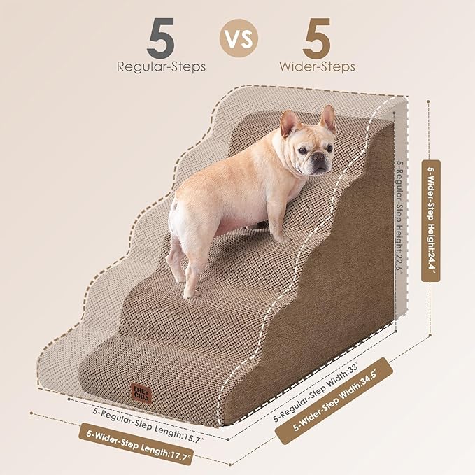 EHEYCIGA Curved Dog Stairs Ramp for High Beds, 5-Step Extra Wide Dog Steps for Small Dogs and Cats, Pet Stairs for High Bed Climbing, Non-Slip Balanced Pet Step Indoor, Camel-PurrikoPets