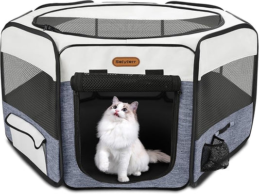 Dog Playpen, Portable Pet Play Pen Foldable Carrying Case, Puppy Pens Outsid for Small Cat Indoor/Outdoor, Removable Mesh Shade Cover-PurrikoPets